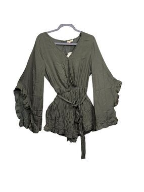 Oddi Olive Green Ruffle Bell Sleeve Tie Waist Long Sleeve Romper Medium